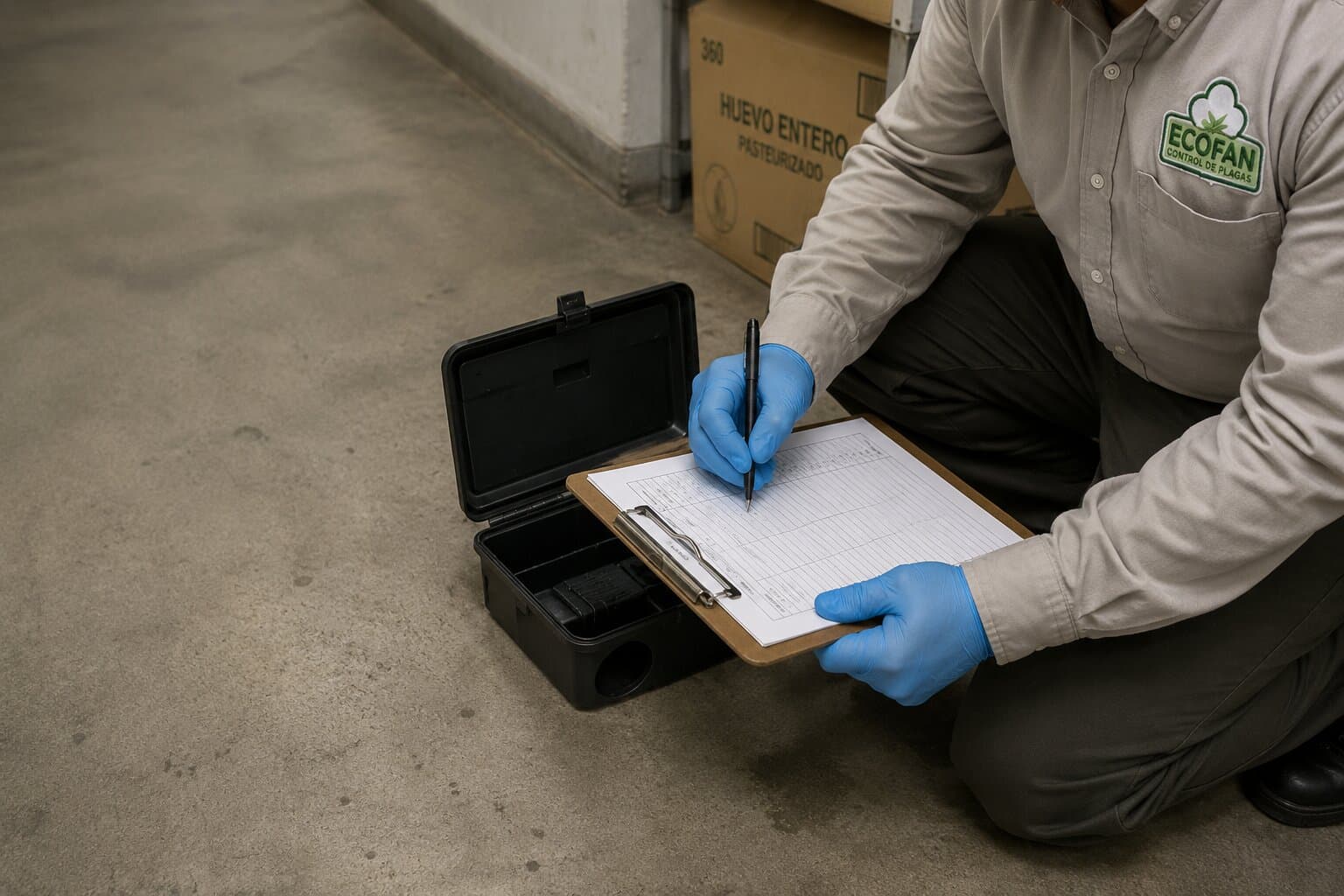 Manos con guantes azules llenando el formato de servicio sobre un clipboard, junto a una estación de monitoreo abierta
