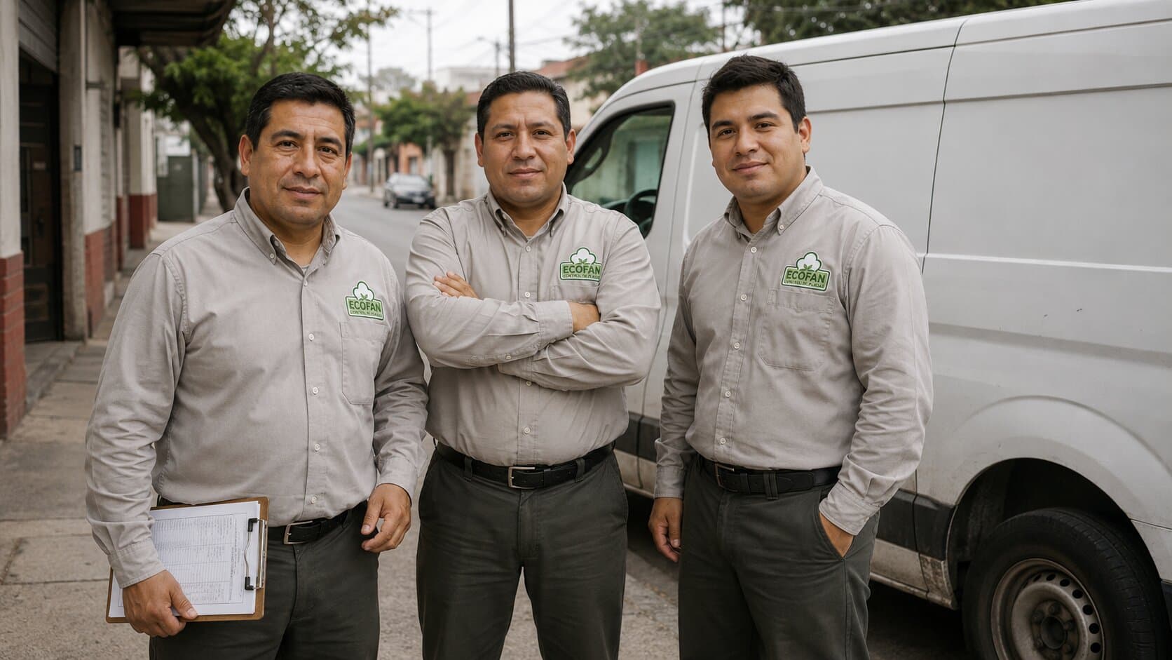 Tres técnicos de Ecofan con uniforme junto a la camioneta de la empresa, en la calle