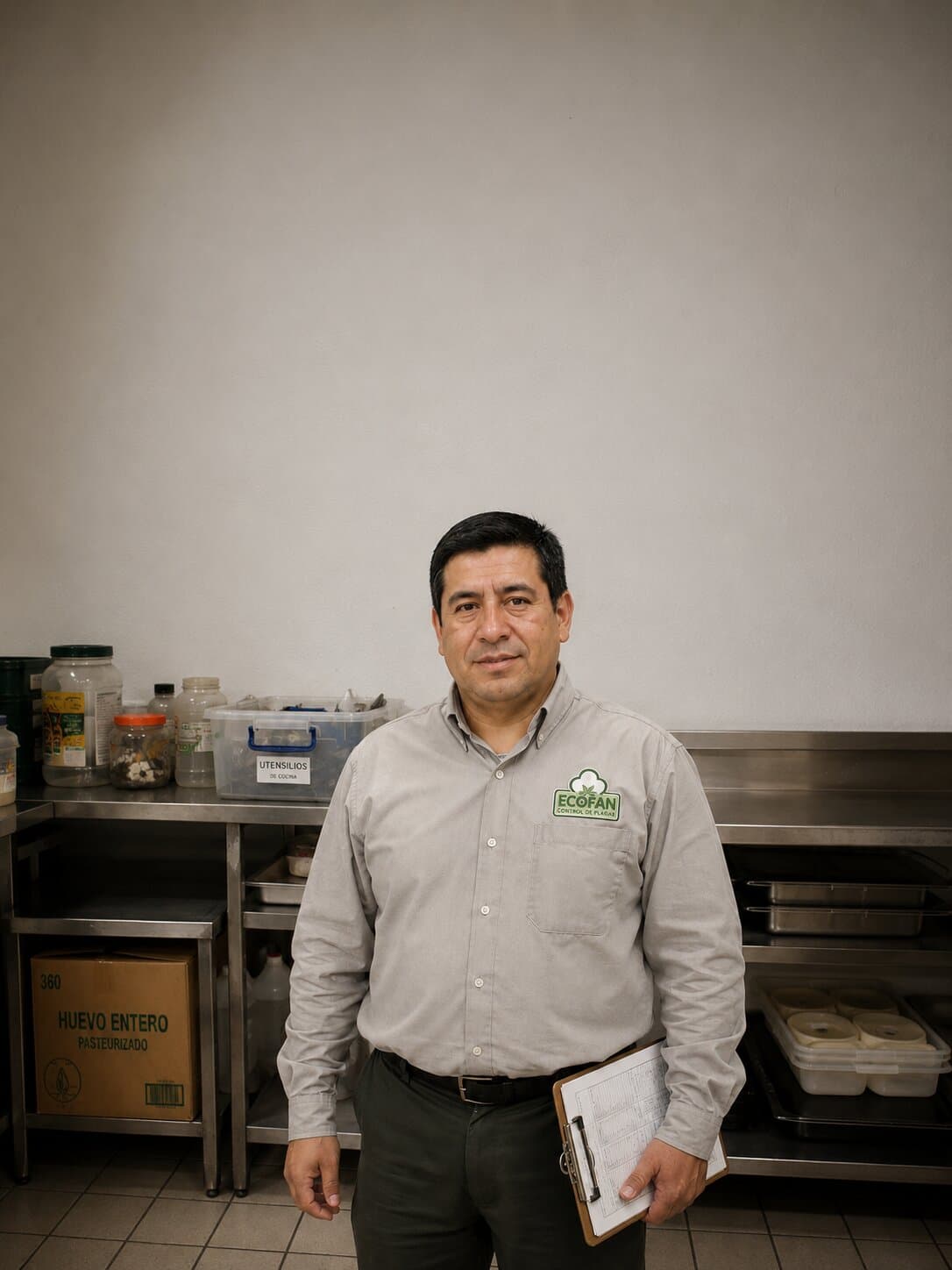Técnico de Ecofan de pie con uniforme y clipboard en la cocina de un negocio