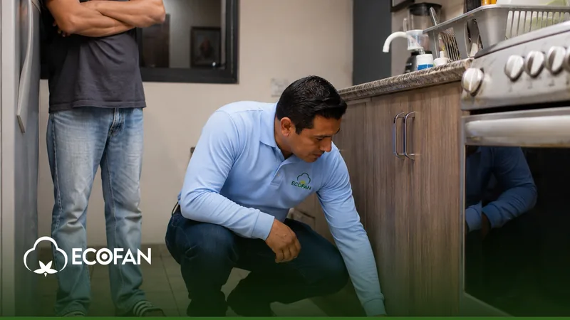 Técnico de Ecofan revisando con linterna los gabinetes de una cocina residencial