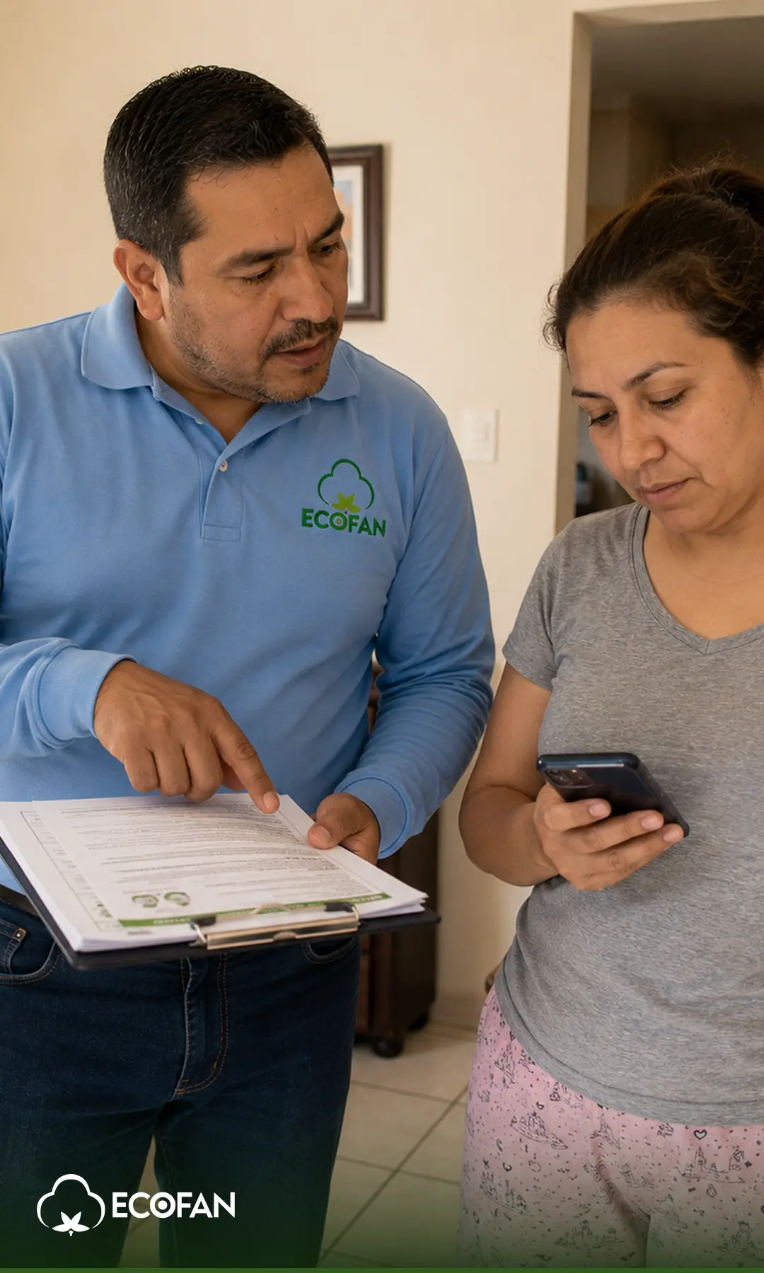 Técnico de Ecofan explicando el reporte de servicio a una clienta en su hogar