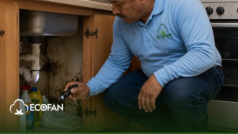Técnico de Ecofan inspeccionando con linterna bajo el fregadero de una cocina