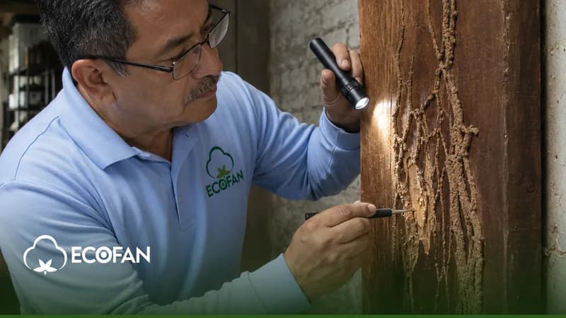 Técnico de Ecofan examinando galerías de termitas en un marco de madera