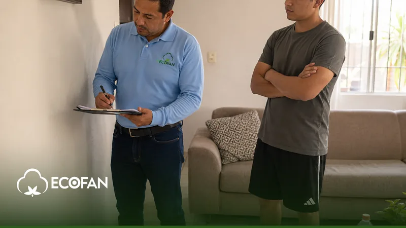 Técnico de Ecofan revisando superficies de una sala y tomando notas